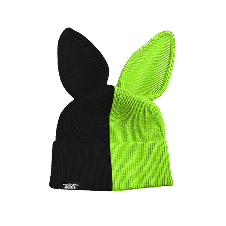 BLACK/LIME BUNNY BEANIE